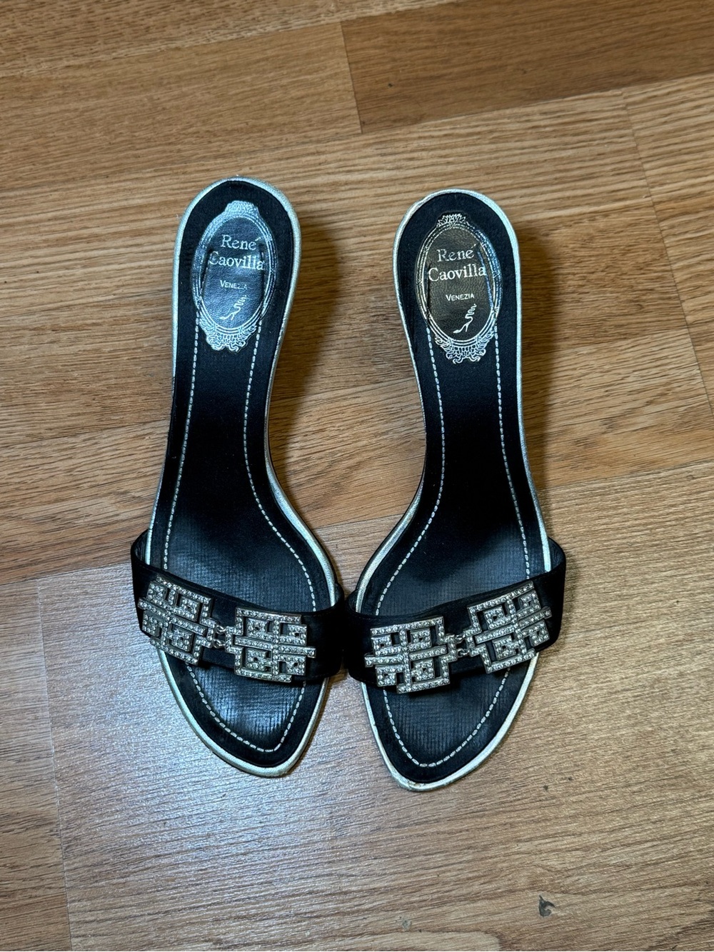 Rene Caovilla Venezia Crystal Slide Heels Black Satin Size 38 Italy